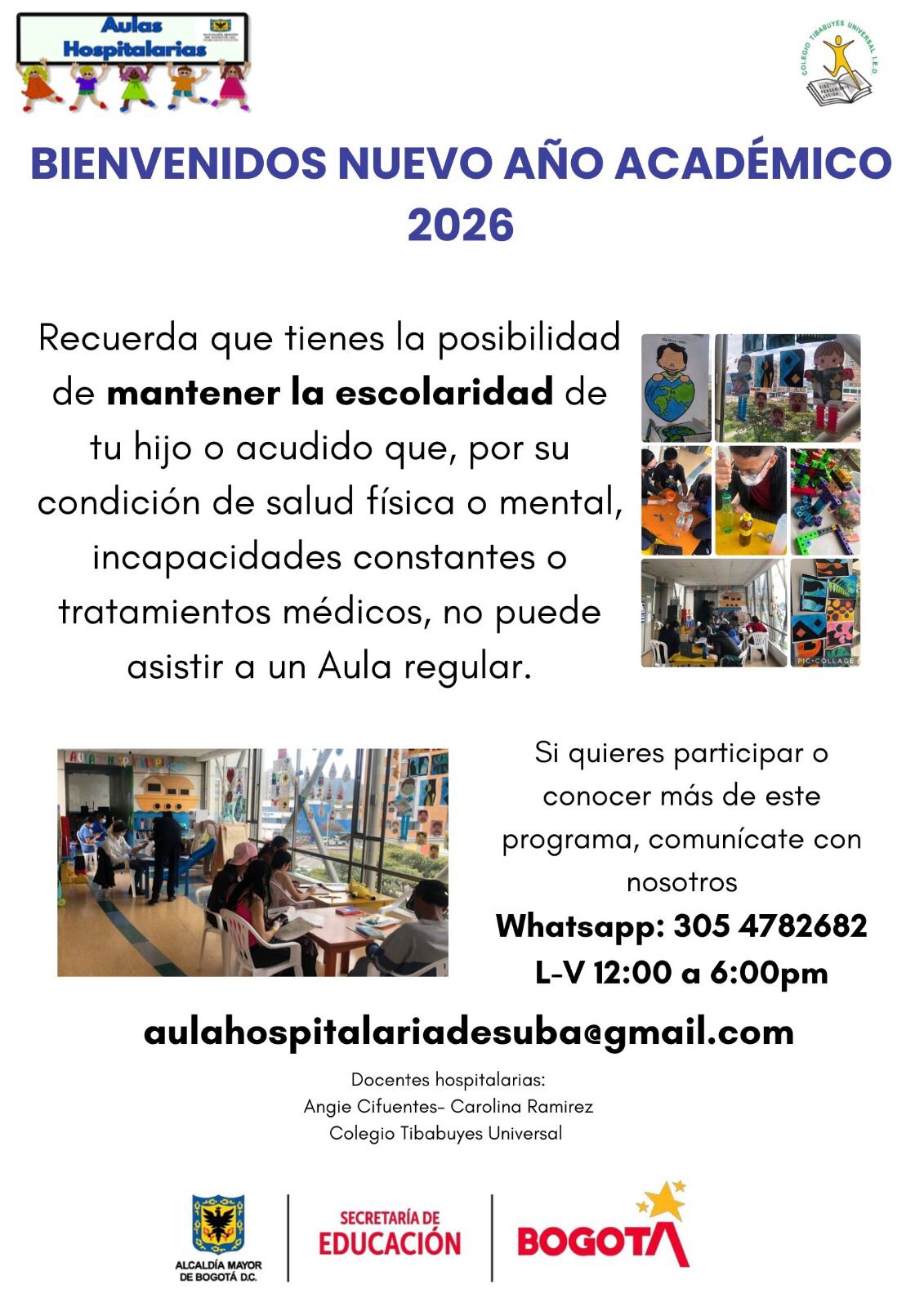 Esta imagen contiene información de contacto de las profesionales de Aulas Hospitalarias de Suba.